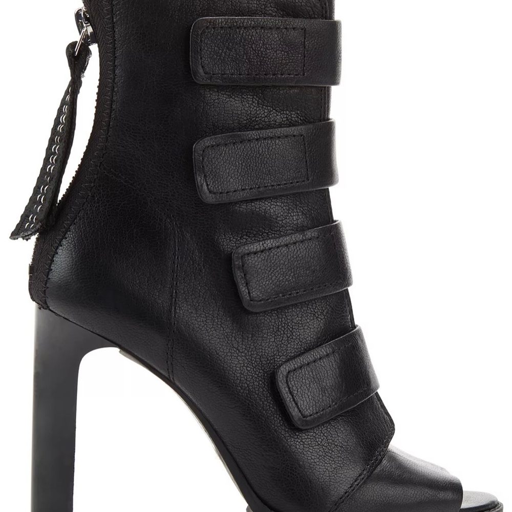 DKNY Blake peep toe booties, rubber sole, oversized signature zipper.